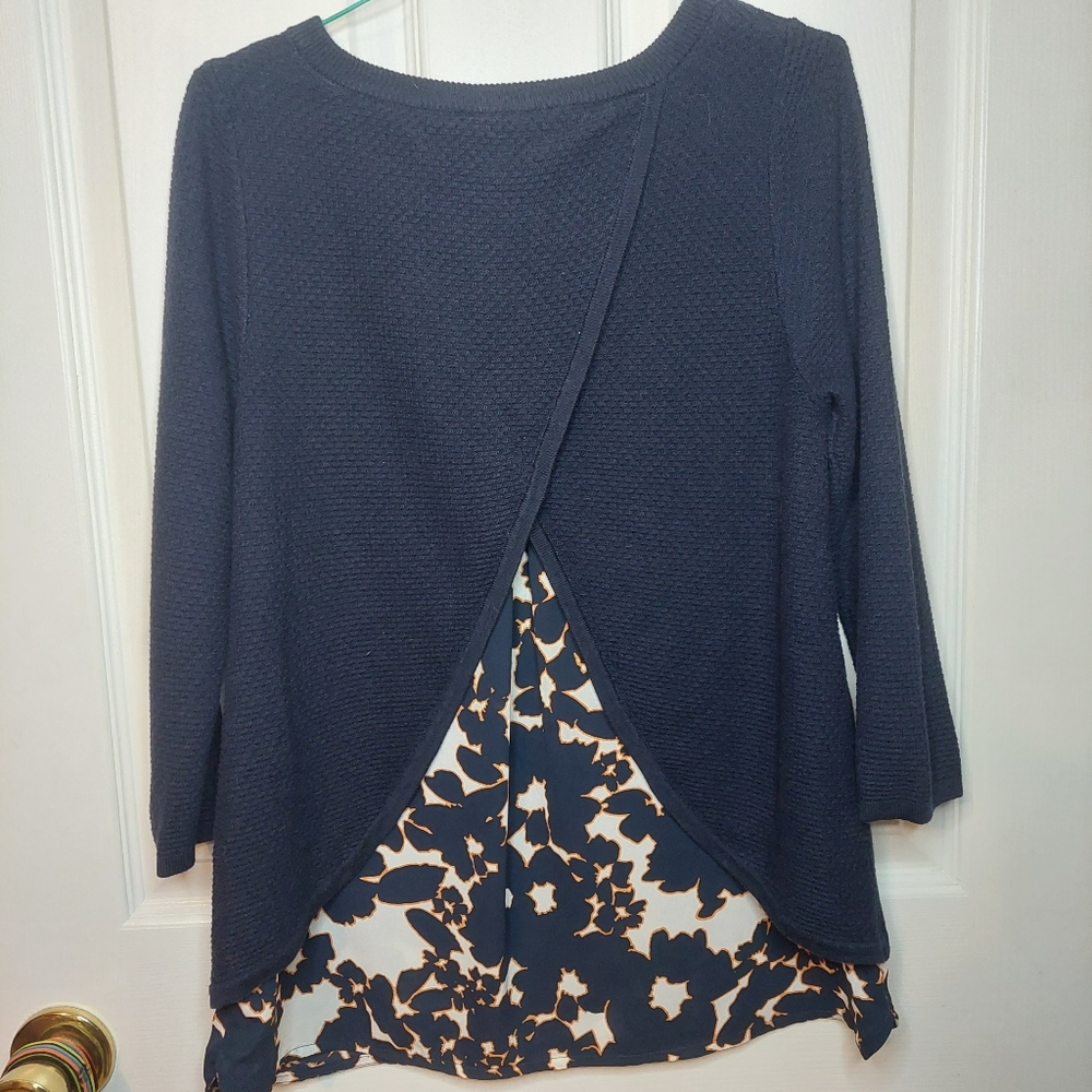 The Limited Navy Blue Trapeze Back Waffle Knit Floral Peekaboo Sweater Size XS